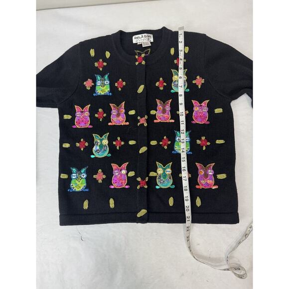 Vintage JACK B QUICK Owl Cardigan black Button Up beaded Sweater Sz S - Picture 3 of 9
